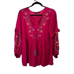 Soch Pink Embroidered Peasant Top Boho Cottage Core Tie Tassels Womens Size L
